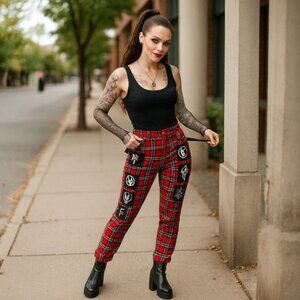 Long Clothing Red Tartan Clip Pants Punk Patch Buckle Straps Y2K Streetwear S